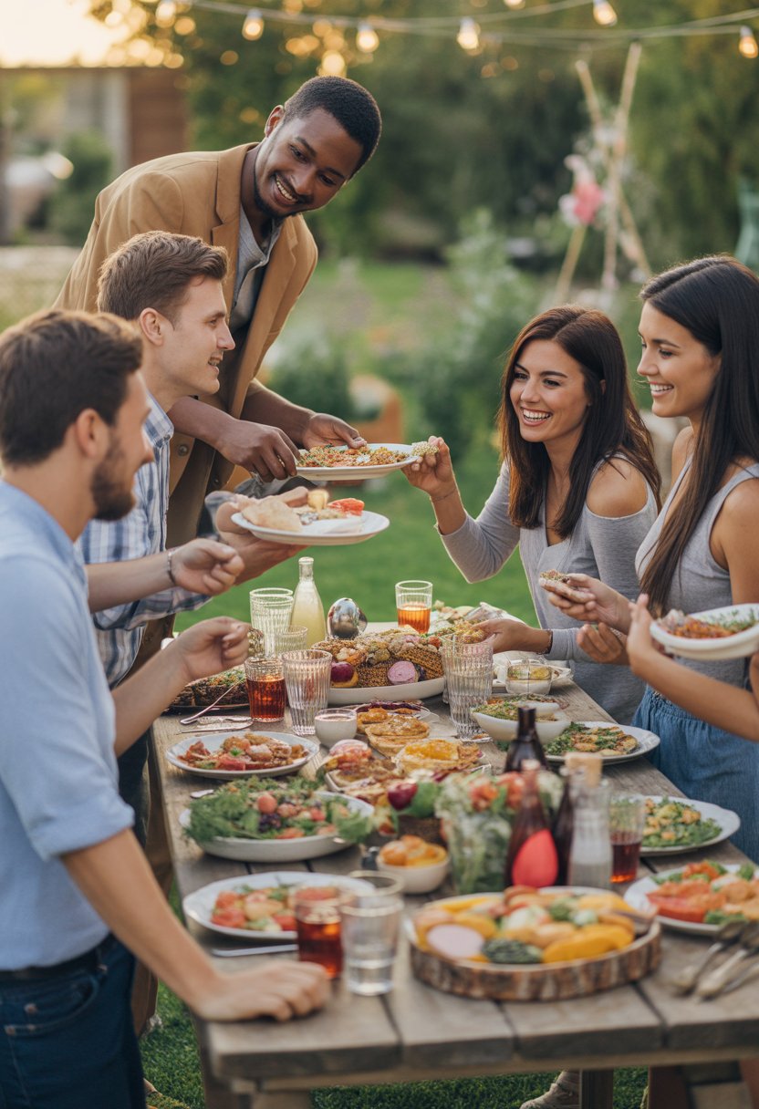 A group of friends enjoying a casual outdoor potluck dinner around a wooden table with food and drinks, smiling and interacting in a garden setting.